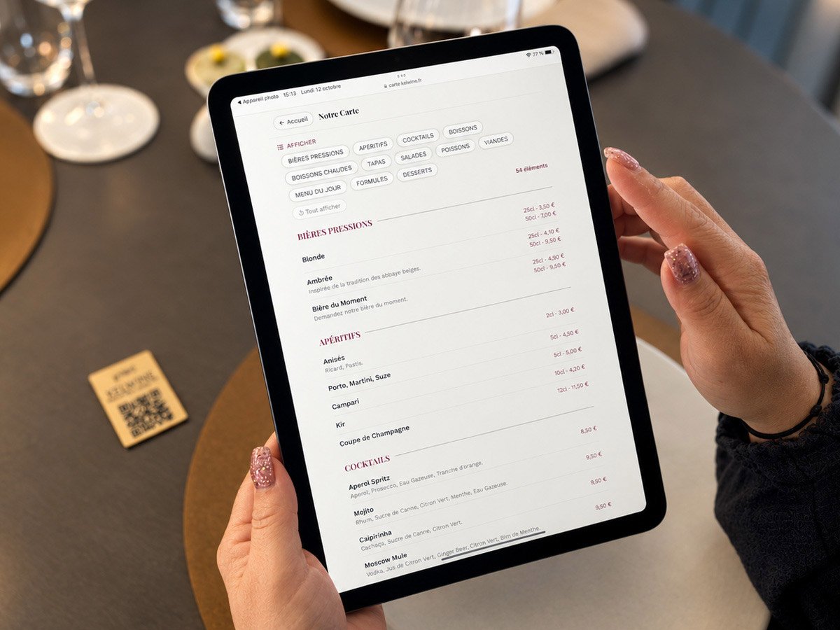 Menu QR code restaurant kelWINE sur tablette